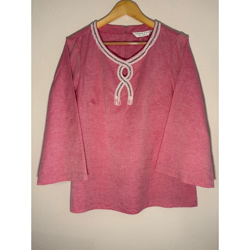 Trina Turk Pink Linen Beaded Womens Tunic Top Bell Sleeve R2101100 Sz L